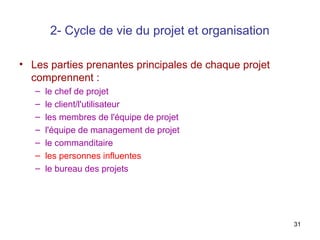 2- Cycle de vie du projet et organisation
• Les parties prenantes principales de chaque projet
comprennent :
–
–
–
–
–
–
–

le chef de projet
le client/l'utilisateur
les membres de l'équipe de projet
l'équipe de management de projet
le commanditaire
les personnes influentes
le bureau des projets

31

 