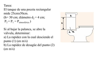 Tarea:
El tanque de una poceta rectangular
mide 25cmx50cm.
(h= 30 cm; diámetro d2 = 4 cm;
P2 = P1 = Patmosférica )
Si al bajar la palanca, se abre la
válvula, determinar:
a) La rapidez con la cual desciende el
punto (1) (en m/s)
b) La rapidez de desagüe del punto (2)
(en m/s)
 