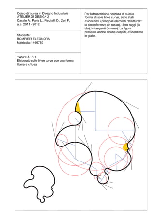 Corso di laurea in Disegno Industriale        Per la trascrizione rigorosa di questa
ATELIER DI DESIGN 2                           forma, di sole linee curve, sono stati
Casale A., Paris L., Piscitelli D., Zeri F.   evidenziati i principali elementi strutturali:
a.a. 2011 - 2012                              le circonferenze (in rosso), i loro raggi (in
                                              blu), le tangenti (in nero). La figura
                                              presenta anche alcune cuspidi, evidenziate
Studente:                                     in giallo.
BOMPIERI ELEONORA
Matricola: 1466759



TAVOLA 10.1
Elaborato sulle linee curve con una forma
libera e chiusa
 