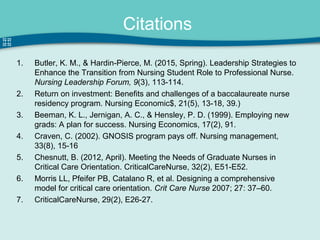 Citations
1. Butler, K. M., & Hardin-Pierce, M. (2015, Spring). Leadership Strategies to
Enhance the Transition from Nursing Student Role to Professional Nurse.
Nursing Leadership Forum, 9(3), 113-114.
2. Return on investment: Benefits and challenges of a baccalaureate nurse
residency program. Nursing Economic$, 21(5), 13-18, 39.)
3. Beeman, K. L., Jernigan, A. C., & Hensley, P. D. (1999). Employing new
grads: A plan for success. Nursing Economics, 17(2), 91.
4. Craven, C. (2002). GNOSIS program pays off. Nursing management,
33(8), 15-16
5. Chesnutt, B. (2012, April). Meeting the Needs of Graduate Nurses in
Critical Care Orientation. CriticalCareNurse, 32(2), E51-E52.
6. Morris LL, Pfeifer PB, Catalano R, et al. Designing a comprehensive
model for critical care orientation. Crit Care Nurse 2007; 27: 37–60.
7. CriticalCareNurse, 29(2), E26-27.
 