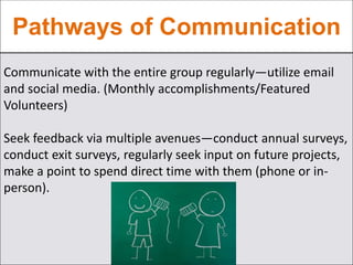 Pathways of Communication
Communicate with the entire group regularly—utilize email
and social media. (Monthly accomplishments/Featured
Volunteers)
Seek feedback via multiple avenues—conduct annual surveys,
conduct exit surveys, regularly seek input on future projects,
make a point to spend direct time with them (phone or in-
person).
 