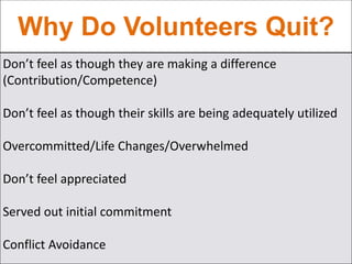 Why Do Volunteers Quit?
Don’t feel as though they are making a difference
(Contribution/Competence)
Don’t feel as though their skills are being adequately utilized
Overcommitted/Life Changes/Overwhelmed
Don’t feel appreciated
Served out initial commitment
Conflict Avoidance
 
