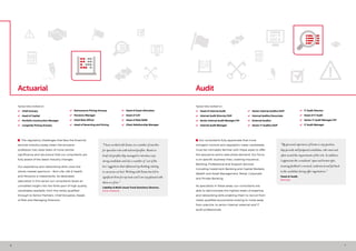 6 7
 The regulatory challenges that face the financial
services industry today mean the actuarial
profession has never been of more central
significance and we ensure that our consultants are
fully aware of the latest industry changes.
Our experience and networking skills cover the
whole market spectrum – Non-Life, Life & Health
and Pensions & Investments. As dedicated
specialists in this sector our consultants boast an
unrivalled insight into the finite pool of high quality
candidates available, from the newly qualified
through to Senior Partners, Chief Actuaries, Heads
of Risk and Managing Directors.
Actuarial
“I have worked with Eames on a number of searches
for specialist roles with tailored profiles. Based on
brief role profiles they managed to introduce very
strong candidates and also a number of ‘out of the
box’ suggestions that influenced my thinking relating
to vacancies we had. Working with Eames has led to
significant hires for my team and I am very pleased with
them as a firm.”
Liability & Multi-Asset Fund Solutions Director,
Aviva Investors
Typical roles worked on:
•	 Chief Actuary
•	 Head of Capital
•	 Portfolio Construction Manager
•	 Longevity Pricing Actuary
•	 Reinsurance Pricing Actuary
•	 Pensions Manager
•	 Chief Risk Officer
•	 Head of Reserving and Pricing
•	 Head of Asset Allocation
•	 Head of CAT
•	 Head of Risk/ERM
•	 Client Relationship Manager
 Our consultants fully appreciate that more
stringent controls and regulation mean candidates
must be intimately familiar with these areas to offer
the assurance senior executives demand. Our focus
is on specific business lines, covering Insurance,
Banking, Professional and Support Services
including Investment Banking and Capital Markets,
Wealth and Asset Management, Retail, Corporate
and Private Banking.
As specialists in these areas, our consultants are
able to demonstrate the highest levels of expertise
and networking skills enabling them to recruit from
newly qualified accountants looking to move away
from practice, to senior internal, external and IT
audit professionals.
Audit
Typical roles worked on:
•	 Head of Internal Audit
•	 Internal Audit Director/SVP
•	 Senior Internal Audit Manager/VP
•	 Internal Audit Manager
•	 Senior Internal Auditor/AVP
•	 Internal Auditor/Associate
•	 External Auditor
•	 Senior IT Auditor/AVP
•	 IT Audit Director
•	 Head of IT Audit
•	 Senior IT Audit Manager/VP
•	 IT Audit Manager
“My personal experience of Eames is very positive;
they provide well prepared candidates, who meet and
often exceed the requirements of the role. In addition,
I appreciate the consultants’ open and honest style,
ensuring feedback is received, understood and fed back
to the candidate during offer negotiations.”
Head of Audit,
Barclays
 