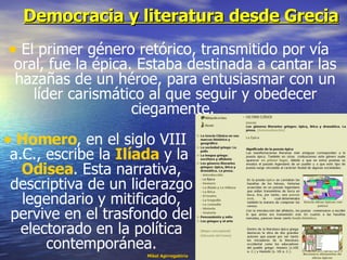 Democracia y literatura desde Grecia <ul><li>Homero , en el siglo VIII a.C., escribe la  Ilíada  y la  Odisea . Esta narra...