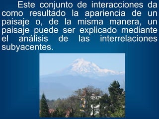 Este conjunto de interacciones da como resultado la apariencia de un paisaje o, de la misma manera, un paisaje puede ser explicado mediante el análisis de las interrelaciones subyacentes. 