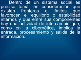 Dentro de un sistema social es preciso tomar en consideración que existen fronteras o límites que favorecen el equilibrio o estabilidad internos y que entre sus componentes hay una actividad de intercambio que, como en la cibernética, implica la entrada, procesamiento y salida de la información. 