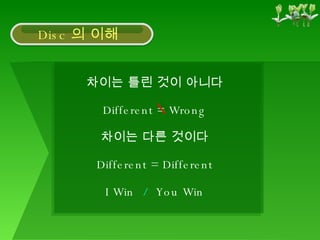 차이는 틀린 것이 아니다 Different = Wrong 차이는 다른 것이다 Different = Different I Win  /   You Win Disc 의 이해 
