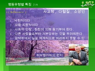 i ( Influence ) 1.  낙천적이다 . 2.  사람 지향적이다 . 3.  사회적 인정 / 칭찬에 의해 동기부여 된다 . 4.  다른 사람들로부터 거부당하는 것을 두려워한다 . 5.  압력하에서 일을 체계적으로 처리하지 못할 수 있다 . 사교형 ,  다혈질 ,  소양인 허브켈러허의 편지 행동유형별 특징  2/4 