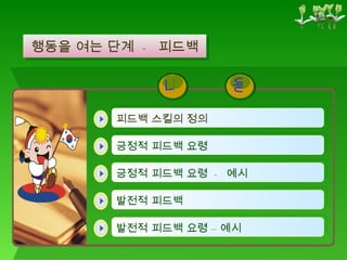 행동을 여는 단계  -  피드백 피드백 스킬의 정의   긍정적 피드백 요령  -  예시 긍정적 피드백 요령  발전적 피드백 발전적 피드백 요령 – 예시 용 내 