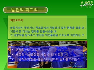 피코치자가 바람직하지 못하거나 목표달성에 적합하지 않은 행동을 했을 때 , 기준에 못 미치는 결과를 만들어냈을 때 그 영향력을 알려주고 발전된 액션플랜을 가지도록 지원하는 것 발전적 피드백 행동을 여는 스킬 새로운 액션플랜을 가질 수 있게 한다 바람직하지 못한 행동이나 결과의 중지를 가져온다 