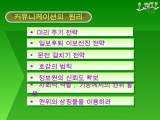 미리 주기 전략 문전 걸치기 전략 호감의 법칙 정보원의 신뢰도 확보 사회적 역할 ,  기능에서의 권위 활용 권위의 상징물을 이용하라 일보후퇴 이보전진 전략 커뮤니케이션의  원리 