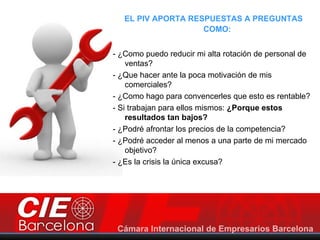 EL PIV APORTA RESPUESTAS A PREGUNTAS
                    COMO:


- ¿Como puedo reducir mi alta rotación de personal de
    ventas?
- ¿Que hacer ante la poca motivación de mis
    comerciales?
- ¿Como hago para convencerles que esto es rentable?
- Si trabajan para ellos mismos: ¿Porque estos
    resultados tan bajos?
- ¿Podré afrontar los precios de la competencia?
- ¿Podré acceder al menos a una parte de mi mercado
    objetivo?
- ¿Es la crisis la única excusa?
 