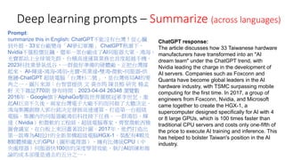 Deep learning prompts – Summarize (across languages)
Prompt:
Summarize this in English: ChatGPT不能沒有台灣！從心臟
到外殼，33家台廠變身「AI夢幻軍團」 ChatGPT熱潮下，
Nvidia不僅股價狂飆，還率一眾台廠成了AI伺服器大軍。鴻海、
光寶都站上全球領先群，台積高速運算業務也首度超越手機。
2023科技業景氣低谷，一群做好準備的硬體廠，正把台灣撐
起來。 AI-輝達-鴻海-鴻佰-光寶-英業達-雙鴻-微軟-伺服器-供
應鏈-ChatGPT 超級電腦「台灣杉二號」，是台灣佈局AI的要
角之一。圖片來源：台智雲提供 文 黃亦筠 陳良榕 研究 楊孟
軒 天下雜誌770期 發布時間：2023-04-04 26348 瀏覽數
2016年，Google旗下AlphaGo擊敗世界圍棋冠軍李世乭，激
起AI巨浪不久後，兩家台灣電子大廠不約而同做了大膽決定。
鴻海集團創辦人郭台銘決定發展高速運算，打造第一台超級
電腦，集團內的伺服器廠鴻佰科技接下任務。 一群鴻佰、輝
達（Nvidia）和微軟的工程師、超級電腦專家，齊聚微軟西雅
圖會議室，在白板上來回畫著設計圖。2017年，他們打造出
第一款專為AI設計的全新架構超級電腦HGX-1，裝配有4顆及
8顆體積龐大的GPU（圖形處理器），擁有比傳統CPU（中
央處理器）伺服器快100倍的深度學習效能，執行AI訓練和推
論的成本卻僅是過去的五分之一。
ChatGPT response:
The article discusses how 33 Taiwanese hardware
manufacturers have transformed into an "AI
dream team" under the ChatGPT trend, with
Nvidia leading the charge in the development of
AI servers. Companies such as Foxconn and
Quanta have become global leaders in the AI
hardware industry, with TSMC surpassing mobile
computing for the first time. In 2017, a group of
engineers from Foxconn, Nvidia, and Microsoft
came together to create the HGX-1, a
supercomputer designed specifically for AI with 4
or 8 large GPUs, which is 100 times faster than
traditional CPU servers and costs only one-fifth of
the price to execute AI training and inference. This
has helped to bolster Taiwan's position in the AI
industry.
 