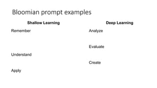Shallow Learning
Remember
Understand
Apply
Bloomian prompt examples
Deep Learning
Analyze
Evaluate
Create
 