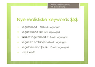 Nye realistiske keywords $$$
1.  vegetarmad (1.900 mdr. søgninger)
2.  vegansk mad (390 mdr. søgninger)
3.  lækker vegetarmad (210 mdr. søgninger)
4.  veganske opskrifter (140 mdr. søgninger)
5.  vegetarisk mad (nr. 5)(110 mdr. søgninger)
6.  Nye ideer?!
Maria Melanie Larsen
PR & Fundraising
 