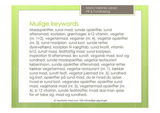 Madopskrifter, sund mad, sunde opskrifter, sund
aftensmad, kostplan, grøntsager, b12 vitamin, vegetar
(nr. 1+2), vegetarmad, veganer (nr. 4), vegetar opskrifter
(nr. 3), sund madplan, sund kost, sunde retter,
dyrevelfærd, kostplan til vægttab, sund livsstil, vitamin
b12, sundt mad, fedtfattig mad, sund kostplan,
inspiration til aftensmad, lev sundt, vegansk mad, kost og
sundhed, sunde madopskrifter, vegetar restaurant
københavn, sunde opskrifter aftensmad, vegetar retter,
lækker vegetarmad, vegetar restaurant (nr. 1), lækker
sund mad, sundt fedt, vegetar julemad (nr. 3), sundhed
og kost, opskrifter på sund mad, du er hvad du spiser,
hvad er sund kost, veganske opskrifter, opskrifter sund
mad, vegetarisk mad (nr. 5), vegetarmad opskrifter (nr.
4), b 12 vitamin, sunde fedtstoffer, hvad skal man spise
for at tabe sig, mad og sundhed.
Maria Melanie Larsen
PR & Fundraising
Mulige keywords
47 resultater med over 100 månedlige søgninger.
 