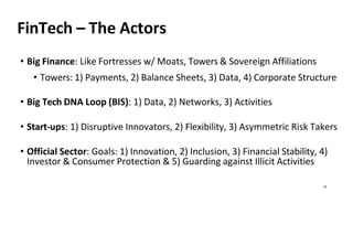 18
FinTech – The Actors
• Big Finance: Like Fortresses w/ Moats, Towers & Sovereign Affiliations
• Towers: 1) Payments, 2) Balance Sheets, 3) Data, 4) Corporate Structure
• Big Tech DNA Loop (BIS): 1) Data, 2) Networks, 3) Activities
• Start-ups: 1) Disruptive Innovators, 2) Flexibility, 3) Asymmetric Risk Takers
• Official Sector: Goals: 1) Innovation, 2) Inclusion, 3) Financial Stability, 4)
Investor & Consumer Protection & 5) Guarding against Illicit Activities
 