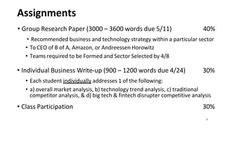 27
Assignments
• Group Research Paper (3000 – 3600 words due 5/11) 40%
• Recommended business and technology strategy within a particular sector
• To CEO of B of A, Amazon, or Andreessen Horowitz
• Teams required to be Formed and Sector Selected by 4/8
• Individual Business Write-up (900 – 1200 words due 4/24) 30%
• Each student individually addresses 1 of the following:
• a) overall market analysis, b) technology trend analysis, c) traditional
competitor analysis, & d) big tech & fintech disrupter competitive analysis
• Class Participation 30%
 