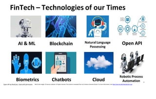 FinTech – Technologies of our Times
Natural Language
Possessing
AI & ML Blockchain Open API
Robotic Process
Automation
Biometrics Chatbots Cloud 9
Open API by RestCase. Used with permission. Rest of the images: © Sources unknown. All rights reserved. This content is excluded from our Creative Commons license. For more information, see https://ocw.mit.edu/help/faq-fair-use/
 