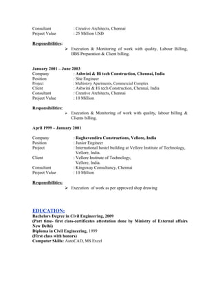 Consultant : Creative Architects, Chennai
Project Value : 25 Million USD
Responsibilities:
 Execution & Monitoring of work with quality, Labour Billing,
BBS Preparation & Client billing.
January 2001 – June 2003
Company : Ashwini & Hi tech Construction, Chennai, India
Position : Site Engineer
Project : Multistory Apartments, Commercial Complex
Client : Ashwini & Hi tech Construction, Chennai, India
Consultant : Creative Architects, Chennai
Project Value : 10 Million
Responsibilities:
 Execution & Monitoring of work with quality, labour billing &
Clients billing.
April 1999 – January 2001
Company : Raghavendira Constructions, Vellore, India
Position : Junior Engineer
Project : International hostel building at Vellore Institute of Technology,
Vellore, India.
Client : Vellore Institute of Technology,
Vellore, India.
Consultant : Kingsway Consultancy, Chennai
Project Value : 10 Million
Responsibilities:
 Execution of work as per approved shop drawing
EDUCATION:
Bachelors Degree in Civil Engineering, 2009
(Part time- first class-certificates attestation done by Ministry of External affairs
New Delhi)
Diploma in Civil Engineering, 1999
(First class with honors)
Computer Skills: AutoCAD, MS Excel
 