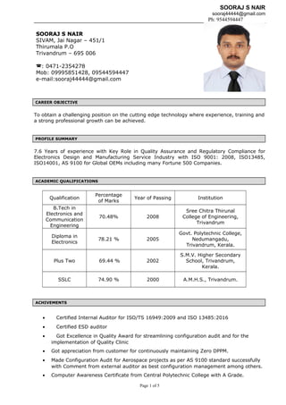 SOORAJ S NAIR
sooraj44444@gmail.com
Ph: 9544594447
CAREER OBJECTIVE
To obtain a challenging position on the cutting edge technology where experience, training and
a strong professional growth can be achieved.
PROFILE SUMMARY
7.6 Years of experience with Key Role in Quality Assurance and Regulatory Compliance for
Electronics Design and Manufacturing Service Industry with ISO 9001: 2008, ISO13485,
ISO14001, AS 9100 for Global OEMs including many Fortune 500 Companies.
ACADEMIC QUALIFICATIONS
Qualification
Percentage
of Marks
Year of Passing Institution
B.Tech in
Electronics and
Communication
Engineering
70.48% 2008
Sree Chitra Thirunal
College of Engineering,
Trivandrum
Diploma in
Electronics
78.21 % 2005
Govt. Polytechnic College,
Nedumangadu,
Trivandrum, Kerala.
Plus Two 69.44 % 2002
S.M.V. Higher Secondary
School, Trivandrum,
Kerala.
SSLC 74.90 % 2000 A.M.H.S., Trivandrum.
ACHIVEMENTS
• Certified Internal Auditor for ISO/TS 16949:2009 and ISO 13485:2016
• Certified ESD auditor
• Got Excellence in Quality Award for streamlining configuration audit and for the
implementation of Quality Clinic
• Got appreciation from customer for continuously maintaining Zero DPPM.
• Made Configuration Audit for Aerospace projects as per AS 9100 standard successfully
with Comment from external auditor as best configuration management among others.
• Computer Awareness Certificate from Central Polytechnic College with A Grade.
Page 1 of 5
SOORAJ S NAIRSOORAJ S NAIR
SIVAM, Jai Nagar – 451/1
Thirumala P.O
Trivandrum – 695 006
: 0471-2354278
Mob: 09995851428, 09544594447
e-mail:sooraj44444@gmail.com
 