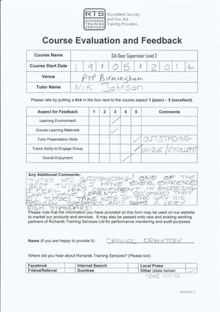Tutor Feedback forms DS Course 19-22 May 2014