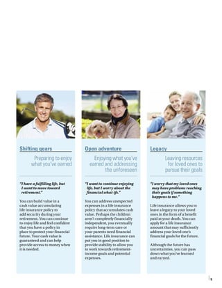 5
Shifting gears
Preparing to enjoy
what you’ve earned
“I have a fulfilling life, but
I want to move toward
retirement.”
You can build value in a
cash value accumulating
life insurance policy to
add security during your
retirement. You can continue
to enjoy life and feel confident
that you have a policy in
place to protect your financial
future. Your cash value is
guaranteed and can help
provide access to money when
it is needed.
Open adventure
Enjoying what you’ve
earned and addressing
the unforeseen
“I want to continue enjoying
life, but I worry about the
financial what-ifs.”
You can address unexpected
expenses in a life insurance
policy that accumulates cash
value. Perhaps the children
aren’t completely financially
independent, you eventually
require long-term care or
your parents need financial
assistance. Life insurance can
put you in good position to
provide stability to allow you
to work towards retirement-
income goals and potential
expenses.
Legacy
Leaving resources
for loved ones to
pursue their goals
“I worry that my loved ones
may have problems reaching
their goals if something
happens to me.”
Life insurance allows you to
leave a legacy to your loved
ones in the form of a benefit
paid at your death. You can
apply for a life insurance
amount that may sufficiently
address your loved one’s
financial goals for the future.
Although the future has
uncertainties, you can pass
down what you’ve learned
and earned.
 