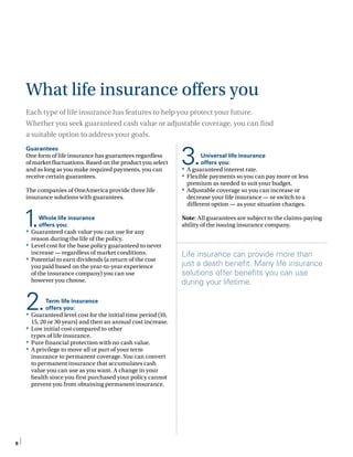 6
What life insurance offers you
Guarantees
One form of life insurance has guarantees regardless
of market fluctuations. Based on the product you select
and as long as you make required payments, you can
receive certain guarantees.
The companies of OneAmerica provide three life
insurance solutions with guarantees.
1.
	
Whole life insurance
offers you:
•	 Guaranteed cash value you can use for any
reason during the life of the policy.
•	 Level cost for the base policy guaranteed to never
increase — regardless of market conditions.
•	 Potential to earn dividends (a return of the cost
you paid based on the year-to-year experience
of the insurance company) you can use
however you choose.
2.
	
Term life insurance
offers you:
•	 Guaranteed level cost for the initial time period (10,
15, 20 or 30 years) and then an annual cost increase.
•	 Low initial cost compared to other
types of life insurance.
•	 Pure financial protection with no cash value.
•	 A privilege to move all or part of your term
insurance to permanent coverage. You can convert
to permanent insurance that accumulates cash
value you can use as you want. A change in your
health since you first purchased your policy cannot
prevent you from obtaining permanent insurance.
3.
	
Universal life insurance
offers you:
•	 A guaranteed interest rate.
•	 Flexible payments so you can pay more or less
premium as needed to suit your budget.
•	 Adjustable coverage so you can increase or
decrease your life insurance — or switch to a
different option — as your situation changes.
Note: All guarantees are subject to the claims-paying
ability of the issuing insurance company.
Life insurance can provide more than
just a death benefit. Many life insurance
solutions offer benefits you can use
during your lifetime.
Each type of life insurance has features to help you protect your future.
Whether you seek guaranteed cash value or adjustable coverage, you can find
a suitable option to address your goals.
 