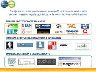 Trabajamos en clúster y contamos con más de 400 personas a su servicio entre
doctores, maestros, ingenieros, médicos, enfermeras, técnicos y administrativos.
EMPRESAS DE ESTUDIOS, CONSULTORÍA E INNOVACIÓN
EMPRESAS DE ENERGÍA Y MEDIO AMBIENTE
EMPRESAS DE TECNOLOGÍA EDUCATIVA
Siglo XXI
ASISTEC
HI PRO
 