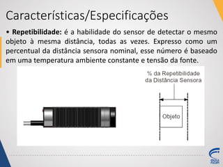 Características/Especificações
• Repetibilidade: é a habilidade do sensor de detectar o mesmo
objeto à mesma distância, todas as vezes. Expresso como um
percentual da distância sensora nominal, esse número é baseado
em uma temperatura ambiente constante e tensão da fonte.
 