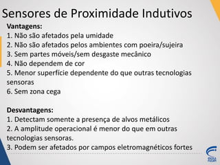 Sensores de Proximidade Indutivos
Vantagens:
1. Não são afetados pela umidade
2. Não são afetados pelos ambientes com poeira/sujeira
3. Sem partes móveis/sem desgaste mecânico
4. Não dependem de cor
5. Menor superfície dependente do que outras tecnologias
sensoras
6. Sem zona cega
Desvantagens:
1. Detectam somente a presença de alvos metálicos
2. A amplitude operacional é menor do que em outras
tecnologias sensoras.
3. Podem ser afetados por campos eletromagnéticos fortes
 