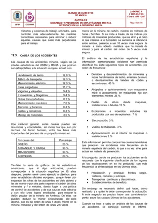 BLOQUE DE ELEMENTOS
DE MINER ÍA
LABOREO II
Y EXPLOSIVOS
Curso 2006 - 2007
CAPÍTULO 2
SEGURIDAD Y PREVENCIÓN EN EXPLOTACIONES MINERAS.
INTRODUCCIÓN A LA SEGURIDAD MINER A
Pág.: 9 de 16
UPM ETSIMM
12.3.
métodos y sistemas de trabajo utilizados, para
controlar más adecuadamente las medidas
correctoras necesarias para eliminar o reducir
aquellas causas que sean más perjudiciales
para el trabajo.
CAUSA DE LOS ACCIDENTES
menor en la minería de carbón, medido en millones de
horas / hombre. Si se mide a través de los índices por
millones de toneladas producidas, que es al fin y al cabo
lo que interesa a la Sociedad, se aumenta la diferencia
entre ambas, pasando a ser 10 veces más segura la
minería a cielo abierto metálica que la minería de
interior y para el carbón del orden de 5 veces más
segura.
El análisis de las estadísticas españolas y la
Las causas de los accidentes mineros, según las ya
citadas estadísticas del USBM y MSHA y que podrían
ser extrapolables a la situación europea actual, son:
Hundimiento de techo 12.9 %
Tráfico de transporte 12.3 %
Mantenimiento eléctrico 12.3 %
Palas cargadoras 11.7 %
Vagones y volquetes 9.4 %
Excavadoras y Dragalinas 9.4 %
Cintas transportadoras 8.1 %
Mantenimiento mecánico 7.6 %
Tractores y Servicios 6.4 %
Caídas y resbalones 6.4 %
Manejo de materiales 3.5 %
Con carácter general, estas causas pueden ser
resumidas y concretadas, sin incluir las que son por
razones del factor humano, entre las fases más
importantes del proceso de un proyecto minero en:
Por causa del: Porcentaje
DISEÑO 20 %
ARRANQUE Y CARGA 30 %
TRANSPORTE 30 %
SERVICIOS 20 %
También la serie de gráficos de las estadísticas
americanas, que si algo anticuadas, pueden
corresponder a la situación española de 15 años
después, pueden servir como ejemplo u objetivos para
unas estadísticas oficiales europeas, ya que llevan por
separado las cifras de los accidentes en cielo abierto y
las de interior y por otra parte separan el carbón de otros
minerales y / o metales, dando lugar a una política
de control de accidentes y de sus causas más efectiva
y con ello unos logros envidiables para mejorar la
visión popular de la minería en América. De ellas se
pueden deducir la menor siniestralidad del cielo
abierto, que es del orden de unas 4 veces menor en la
minería metálica y del orden de unas 2,5 veces
información pormenorizada existente han permitido
identificar los siete siguientes tipos de accidentes, por
orden de frecuencia:
• Derrabes y desprendimientos de minerales y
rocas hundimientos de techo, arrastres de muro
o deslizamientos de taludes de cortas y
escombreras. 45 %
• Atropellos o aprisionamiento con maquinaria
móvil o atrapamiento en maquinaría fija con
elementos móviles 25 %
• Caídas de altura desde máquinas,
instalaciones o taludes.15 %
• Explosiones e incendios incluidos los
producidos por uso de explosivos. 7 %
• Electrocución. 3 %
• Vuelco de máquinas. 3 %
• Aprisionamiento en el interior de máquinas o
instalaciones 2 %
Esta información permite conocer las causas inmediatas
que provocan los accidentes más frecuentes en la
minería española del carbón, lo que a su vez sirve para
actuar en materia de prevención.
A la pregunta dónde se producen los accidentes se da
respuesta con la siguiente clasificación de los lugares
de las explotaciones en se ha producido con más
frecuencia la siniestralidad en los últimos años:
• Preparación y arranque: frentes largos,
testeros, cámaras y sutirajes.
• Transportes contínuos y discontinuos.
• Establecimientos de beneficio.
Sin embargo es necesario definir qué hacer, cómo
realizarlo y a quién le debe corresponder la actuación.
A este respecto es preciso hacer una consideración
previa sobre las causas últimas de los accidentes.
Cuando se lleva a cabo un análisis de las causas de
un accidente, se concluye siempre el informe
 