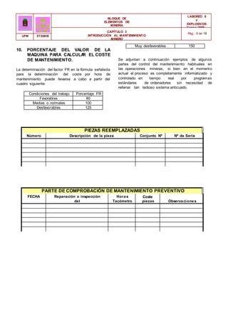 BLOQUE DE
ELEMENTOS DE
MINERÍA
LABOREO II
Y
EXPLOSIVOS
Curso 2006 -
2007
CAPÍTULO 3
INTRODUCCIÓN AL MANTENIMIENTO
MINERO
Pág.: 9 de 18
UPM ETSIMM
10. PORCENTAJE DEL VALOR DE LA
MAQUINA PARA CALCULA
R EL COSTE
DE MANTENIMIENTO.
La determinación del factor FR en la fórmula señalada
para la determinación del coste por hora de
mantenimiento puede llevarse a cabo a partir del
cuadro siguiente:
Muy desfavorables 150
Se adjuntan a continuación ejemplos de algunos
partes del control del mantenimiento habituales en
las operaciones mineras, si bien en el momento
actual el proceso es completamente informatizado y
controlado en tiempo real por programas
estándares de ordenadores sin necesidad de
rellenar tan tedioso sistema anticuado.
Condiciones del trabajo Porcentaje FR
Favorables 80
Medias o normales 100
Desfavorables 125
PIEZAS REEMPLAZADAS
Número Descripción de la pieza Conjunto Nº Nº de Serie
PARTE DE COMPROBACIÓN DE MANTENIMIENTO PREVENTIVO
FECHA Reparación o inspección
del
M.P. realizado
Horas
Tacómetro
Coste
piezas Observaciones
 