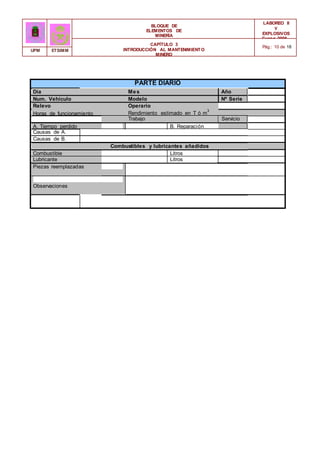 BLOQUE DE
ELEMENTOS DE
MINERÍA
LABOREO II
Y
EXPLOSIVOS
Curso 2006 -
2007
CAPÍTULO 3
INTRODUCCIÓN AL MANTENIMIENTO
MINERO
Pág.: 10 de 18
UPM ETSIMM
PARTE DIARIO
Día Mes Año
Num. Vehículo Modelo Nº Serie
Relevo
Horas de funcionamiento
Operario
Rendimiento estimado en T ó m
3
Trabajo Servicio
A. Tiempo perdido B. Reparación
Causas de A.
Causas de B.
Combustibles y lubricantes añadidos
Combustible Litros
Lubricante Litros
Piezas reemplazadas
Observaciones
Firma
 