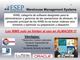 38
WMS, categoria de software designado para la
administracion y gerencia de las operaciones de almacen. El
proposito principal de los WMS no es tomar ordenes sino
tomarlos y optimizar su preparacion y despacho
Los WMS solo se limitan al uso en ALMACEN !!!
Ventajas:
* Reduccion Costos Laborales
* Aumento Capacidad de
Almacenaje
* Aumenta Servicio al cliente
Warehouse Management Systems
 
