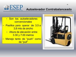 50
Autoelevador Contrabalanceado
▪ Son los autoelevadores
convencionales
▪ Pasillos para operar de 3,5 a
3,6 mts de ancho
▪ Altura de elevación entre
3.30 y 7.00 metros
▪ Manejo tanto de “push” como
de “pull”
 