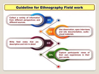 Guideline for Ethnography Field work
Collect a variety of information
from different perspectives and
different sources.
Use observation, open interviews,
and site documentation, audio -
visual materials
Write field notes that are
descriptive and rich in detail
Capture participants’ views of
their own experiences in their
own words.
 