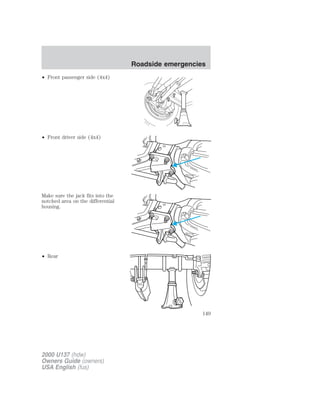 • Front passenger side (4x4) 
• Front driver side (4x4) 
Make sure the jack fits into the 
notched area on the differential 
housing. 
• Rear 
2000 U137 (hdw) 
Owners Guide (owners) 
USA English (fus) 
Roadside emergencies 
149 
 