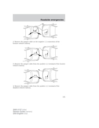 + 
– 
+ 
– 
2. Remove the jumper cable on the negative (-) connection of the 
booster vehicle’s battery. 
+ 
– 
+ 
– 
3. Remove the jumper cable from the positive (+) terminal of the booster 
vehicle’s battery. 
+ 
– 
+ 
– 
4. Remove the jumper cable from the positive (+) terminal of the 
disabled vehicle’s battery. 
2000 U137 (hdw) 
Owners Guide (owners) 
USA English (fus) 
Roadside emergencies 
155 
 