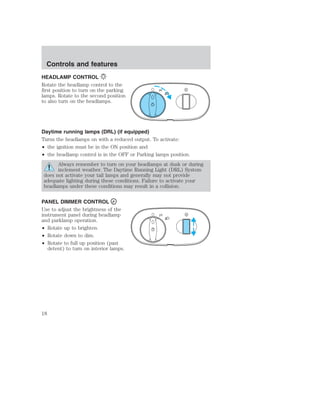 Controls and features 
HEADLAMP CONTROL 
Rotate the headlamp control to the 
first position to turn on the parking 
lamps. Rotate to the second position 
to also turn on the headlamps. 
Daytime running lamps (DRL) (if equipped) 
Turns the headlamps on with a reduced output. To activate: 
• the ignition must be in the ON position and 
• the headlamp control is in the OFF or Parking lamps position. 
Always remember to turn on your headlamps at dusk or during 
inclement weather. The Daytime Running Light (DRL) System 
does not activate your tail lamps and generally may not provide 
adequate lighting during these conditions. Failure to activate your 
headlamps under these conditions may result in a collision. 
PANEL DIMMER CONTROL 
Use to adjust the brightness of the 
instrument panel during headlamp 
and parklamp operation. 
• Rotate up to brighten. 
• Rotate down to dim. 
• Rotate to full up position (past 
detent) to turn on interior lamps. 
18 
 
