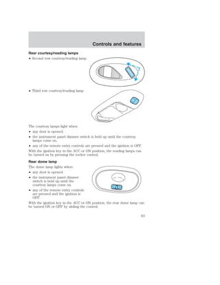 Rear courtesy/reading lamps 
• Second row courtesy/reading lamp 
• Third row courtesy/reading lamp 
Controls and features 
The courtesy lamps light when: 
• any door is opened. 
• the instrument panel dimmer switch is held up until the courtesy 
lamps come on. 
• any of the remote entry controls are pressed and the ignition is OFF. 
With the ignition key in the ACC or ON position, the reading lamps can 
be turned on by pressing the rocker control. 
Rear dome lamp 
The dome lamp lights when: 
• any door is opened. 
• the instrument panel dimmer 
switch is held up until the 
courtesy lamps come on. 
• any of the remote entry controls 
are pressed and the ignition is 
OFF. 
With the ignition key in the ACC or ON position, the rear dome lamp can 
be turned ON or OFF by sliding the control. 
63 
 