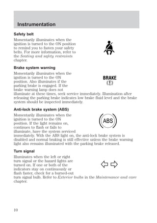 Safety belt 
Momentarily illuminates when the 
ignition is turned to the ON position 
to remind you to fasten your safety 
belts. For more information, refer to 
the Seating and safety restraints 
chapter. 
Brake system warning 
Momentarily illuminates when the 
ignition is turned to the ON 
BRAKE 
position. Also illuminates if the 
! 
parking brake is engaged. If the 
brake warning lamp does not 
illuminate at these times, seek service immediately. Illumination after 
releasing the parking brake indicates low brake fluid level and the brake 
system should be inspected immediately. 
Anti-lock brake system (ABS) 
Momentarily illuminates when the 
ignition is turned to the ON 
ABS 
position. If the light remains on, 
continues to flash or fails to 
illuminate, have the system serviced 
immediately. With the ABS light on, the anti-lock brake system is 
disabled and normal braking is still effective unless the brake warning 
light also remains illuminated with the parking brake released. 
Turn signal 
Illuminates when the left or right 
turn signal or the hazard lights are 
turned on. If one or both of the 
indicators stay on continuously or 
flash faster, check for a burned-out 
turn signal bulb. Refer to Exterior bulbs in the Maintenance and care 
chapter. 
Instrumentation 
10 
 