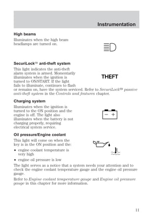 High beams 
Illuminates when the high beam 
headlamps are turned on. 
Instrumentation 
SecuriLockY anti-theft system 
This light indicates the anti-theft 
alarm system is armed. Momentarily 
illuminates when the ignition is 
turned to ON/START. If the light 
fails to illuminate, continues to flash 
or remains on, have the system serviced. Refer to SecuriLocky passive 
anti-theft system in the Controls and features chapter. 
Charging system 
Illuminates when the ignition is 
turned to the ON position and the 
engine is off. The light also 
illuminates when the battery is not 
charging properly, requiring 
electrical system service. 
Oil pressure/Engine coolant 
This light will come on when the 
key is in the ON position and the: 
² engine coolant temperature is 
very high 
THEFT 
² engine oil pressure is low 
The light serves as a notice that a system needs your attention and to 
check the engine coolant temperature gauge and the engine oil pressure 
gauge. 
Refer to Engine coolant temperature gauge and Engine oil pressure 
gauge in this chapter for more information. 
11 
 
