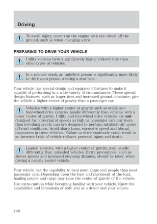 Driving 
To avoid injury, never run the engine with one wheel off the 
ground, such as when changing a tire. 
PREPARING TO DRIVE YOUR VEHICLE 
Utility vehicles have a significantly higher rollover rate than 
other types of vehicles. 
In a rollover crash, an unbelted person is significantly more likely 
to die than a person wearing a seat belt. 
Your vehicle has special design and equipment features to make it 
capable of performing in a wide variety of circumstances. These special 
design features, such as larger tires and increased ground clearance, give 
the vehicle a higher center of gravity than a passenger car. 
Vehicles with a higher center of gravity such as utility and 
four-wheel drive vehicles handle differently than vehicles with a 
lower center of gravity. Utility and four-wheel drive vehicles are not 
designed for cornering at speeds as high as passenger cars any more 
than low-slung sports cars are designed to perform satisfactorily under 
off-road conditions. Avoid sharp turns, excessive speed and abrupt 
maneuvers in these vehicles. Failure to drive cautiously could result in 
an increased risk of vehicle rollover, personal injury and death. 
Loaded vehicles, with a higher center of gravity, may handle 
differently than unloaded vehicles. Extra precautions, such as 
slower speeds and increased stopping distance, should be taken when 
driving a heavily loaded vehicle. 
Your vehicle has the capability to haul more cargo and people than most 
passenger cars. Depending upon the type and placement of the load, 
hauling people and cargo may raise the center of gravity of the vehicle. 
Use extra caution while becoming familiar with your vehicle. Know the 
capabilities and limitations of both you as a driver and your vehicle. 
140 
 