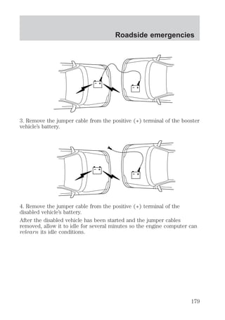 Roadside emergencies 
+ 
– 
+ 
– 
3. Remove the jumper cable from the positive (+) terminal of the booster 
vehicle’s battery. 
+ 
– 
+ 
– 
4. Remove the jumper cable from the positive (+) terminal of the 
disabled vehicle’s battery. 
After the disabled vehicle has been started and the jumper cables 
removed, allow it to idle for several minutes so the engine computer can 
relearn its idle conditions. 
179 
 