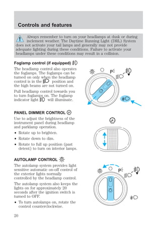 Always remember to turn on your headlamps at dusk or during 
inclement weather. The Daytime Running Light (DRL) System 
does not activate your tail lamps and generally may not provide 
adequate lighting during these conditions. Failure to activate your 
headlamps under these conditions may result in a collision. 
Foglamp control (if equipped) 
The headlamp control also operates 
the foglamps. The foglamps can be 
turned on only when the headlamp 
control is in the position and 
the high beams are not turned on. 
Pull headlamp control towards you 
to turn foglamps on. The foglamp 
indicator light will illuminate. 
PANEL DIMMER CONTROL 
Use to adjust the brightness of the 
instrument panel during headlamp 
and parklamp operation. 
² Rotate up to brighten. 
² Rotate down to dim. 
² Rotate to full up position (past 
detent) to turn on interior lamps. 
AUTOLAMP CONTROL 
The autolamp system provides light 
sensitive automatic on-off control of 
the exterior lights normally 
controlled by the headlamp control. 
The autolamp system also keeps the 
lights on for approximately 20 
seconds after the ignition switch is 
turned to OFF. 
² To turn autolamps on, rotate the 
control counterclockwise. 
A 
A 
Controls and features 
20 
 