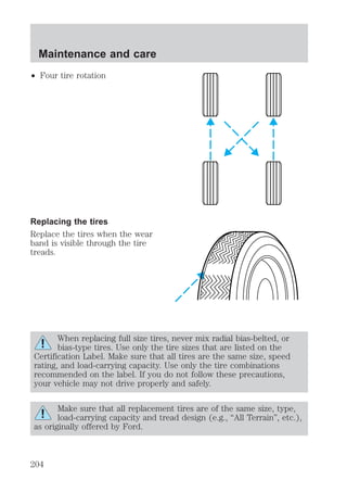 Maintenance and care 
² Four tire rotation 
Replacing the tires 
Replace the tires when the wear 
band is visible through the tire 
treads. 
When replacing full size tires, never mix radial bias-belted, or 
bias-type tires. Use only the tire sizes that are listed on the 
Certification Label. Make sure that all tires are the same size, speed 
rating, and load-carrying capacity. Use only the tire combinations 
recommended on the label. If you do not follow these precautions, 
your vehicle may not drive properly and safely. 
Make sure that all replacement tires are of the same size, type, 
load-carrying capacity and tread design (e.g., “All Terrain”, etc.), 
as originally offered by Ford. 
204 
 