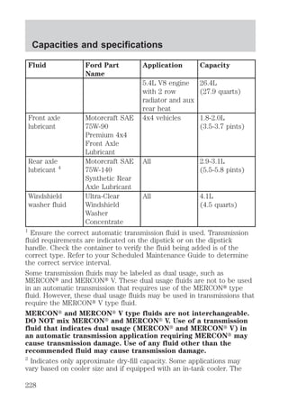 Capacities and specifications 
Fluid Ford Part 
Name 
Application Capacity 
5.4L V8 engine 
with 2 row 
radiator and aux 
rear heat 
26.4L 
(27.9 quarts) 
Front axle 
lubricant 
Motorcraft SAE 
75W-90 
Premium 4x4 
Front Axle 
Lubricant 
4x4 vehicles 1.8-2.0L 
(3.5-3.7 pints) 
Rear axle 
lubricant 4 
Motorcraft SAE 
75W-140 
Synthetic Rear 
Axle Lubricant 
All 2.9-3.1L 
(5.5-5.8 pints) 
Windshield 
washer fluid 
Ultra-Clear 
Windshield 
Washer 
Concentrate 
All 4.1L 
(4.5 quarts) 
1 Ensure the correct automatic transmission fluid is used. Transmission 
fluid requirements are indicated on the dipstick or on the dipstick 
handle. Check the container to verify the fluid being added is of the 
correct type. Refer to your Scheduled Maintenance Guide to determine 
the correct service interval. 
Some transmission fluids may be labeled as dual usage, such as 
MERCONt and MERCONt V. These dual usage fluids are not to be used 
in an automatic transmission that requires use of the MERCONt type 
fluid. However, these dual usage fluids may be used in transmissions that 
require the MERCONt V type fluid. 
MERCONt and MERCONt V type fluids are not interchangeable. 
DO NOT mix MERCONt and MERCONt V. Use of a transmission 
fluid that indicates dual usage (MERCONt and MERCONt V) in 
an automatic transmission application requiring MERCONt may 
cause transmission damage. Use of any fluid other than the 
recommended fluid may cause transmission damage. 
2 Indicates only approximate dry-fill capacity. Some applications may 
vary based on cooler size and if equipped with an in-tank cooler. The 
228 
 