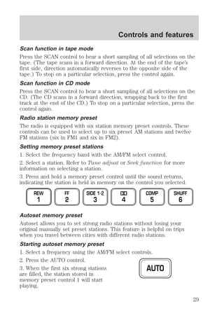 Controls and features 
Scan function in tape mode 
Press the SCAN control to hear a short sampling of all selections on the 
tape. (The tape scans in a forward direction. At the end of the tape’s 
first side, direction automatically reverses to the opposite side of the 
tape.) To stop on a particular selection, press the control again. 
Scan function in CD mode 
Press the SCAN control to hear a short sampling of all selections on the 
CD. (The CD scans in a forward direction, wrapping back to the first 
track at the end of the CD.) To stop on a particular selection, press the 
control again. 
Radio station memory preset 
The radio is equipped with six station memory preset controls. These 
controls can be used to select up to six preset AM stations and twelve 
FM stations (six in FM1 and six in FM2). 
Setting memory preset stations 
1. Select the frequency band with the AM/FM select control. 
2. Select a station. Refer to Tune adjust or Seek function for more 
information on selecting a station. 
3. Press and hold a memory preset control until the sound returns, 
indicating the station is held in memory on the control you selected. 
REW 
1 
FF 
2 
SIDE 1.2 
3 4 
COMP 
5 
SHUFF 
6 
Autoset memory preset 
Autoset allows you to set strong radio stations without losing your 
original manually set preset stations. This feature is helpful on trips 
when you travel between cities with different radio stations. 
Starting autoset memory preset 
1. Select a frequency using the AM/FM select controls. 
2. Press the AUTO control. 
3. When the first six strong stations 
AUTO 
are filled, the station stored in 
memory preset control 1 will start 
playing. 
29 
 