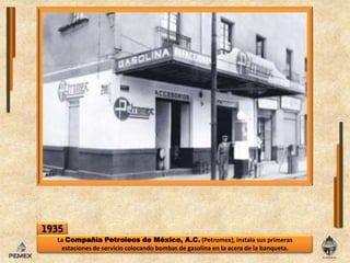 1935La CompañíaPetroleos de México, A.C. (Petromex), instala sus primerasestaciones de servicio colocando bombas de gasolina en la acera de la banqueta.